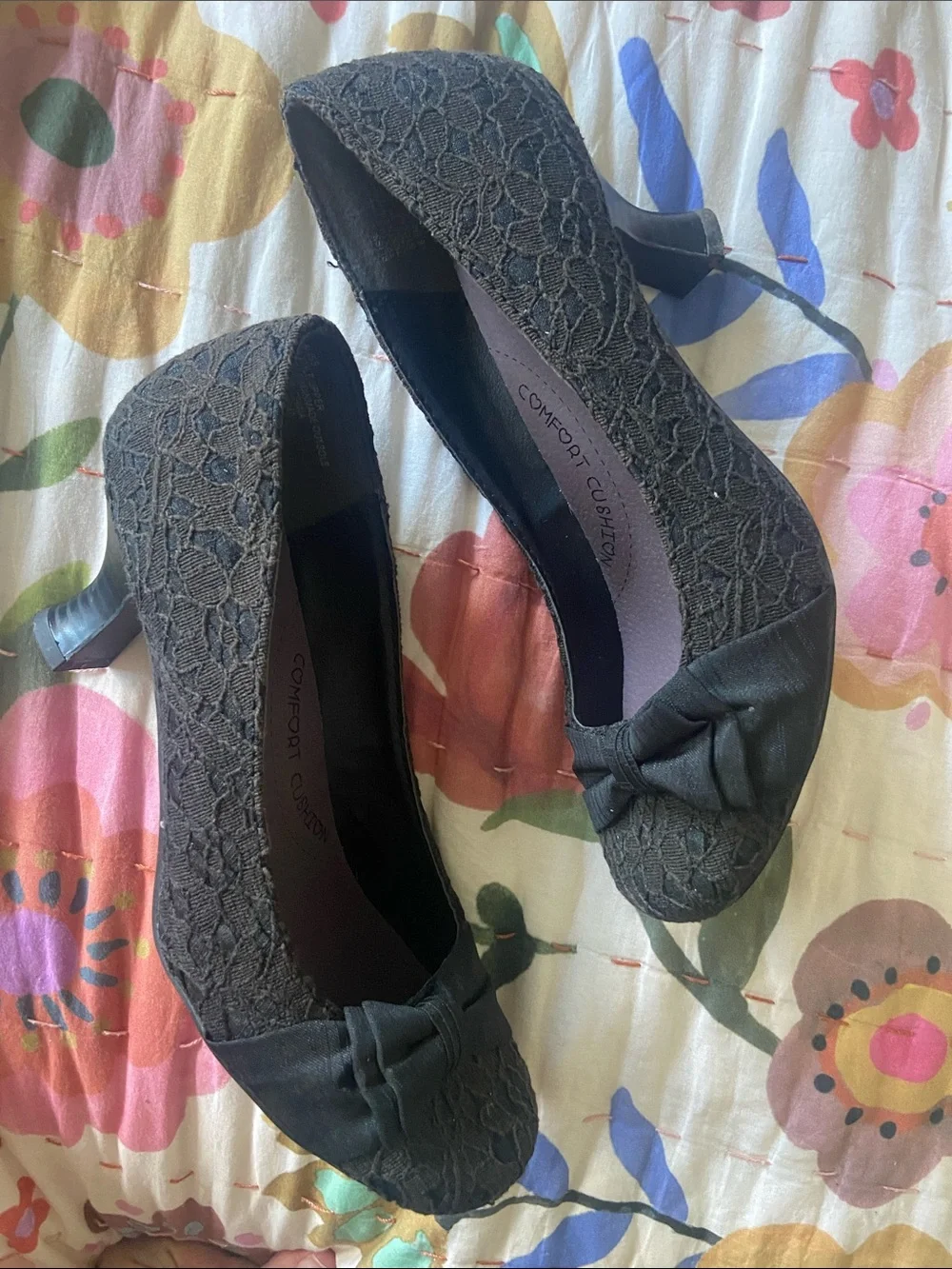 Jellypop Black Lace Retro Kitten Heel Bow Pumps 6.5
